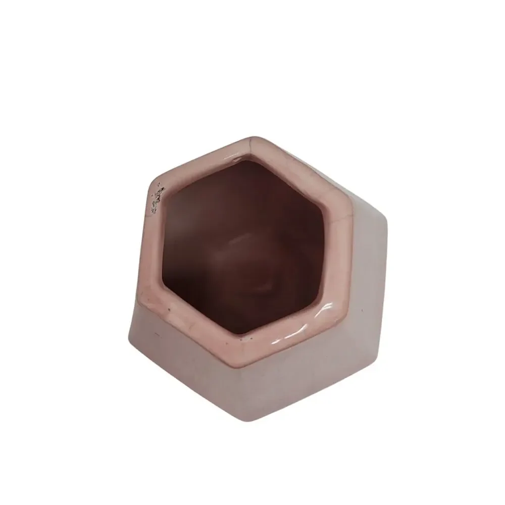 Vintage Crackle Pink Vase Hexagonal Gray Vein Porcelain Ceramic Tapered six Side - Picture 4 of 9